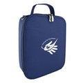 Harlequin lunch bag in Navy colour front side angle displaying carry handle, durable water repellent material with Padbury Primary School logo