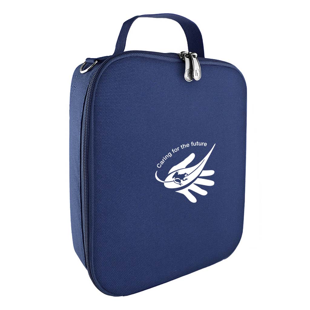 Harlequin lunch bag in Navy colour front side angle displaying carry handle, durable water repellent material with Padbury Primary School logo