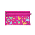 Harlequin Pencil Case in Pink with Jurassic design from the Harlequin Creatix Signature Series. Front view displaying two zip compartments, ventilation eyelet and D-ring.