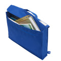 Front angle down view of the Harlequin Premier Library Bag in royal blue, showing the velcro closure, top handle and name tag. The bag has been packed with school books and a tin of coloured pencils.