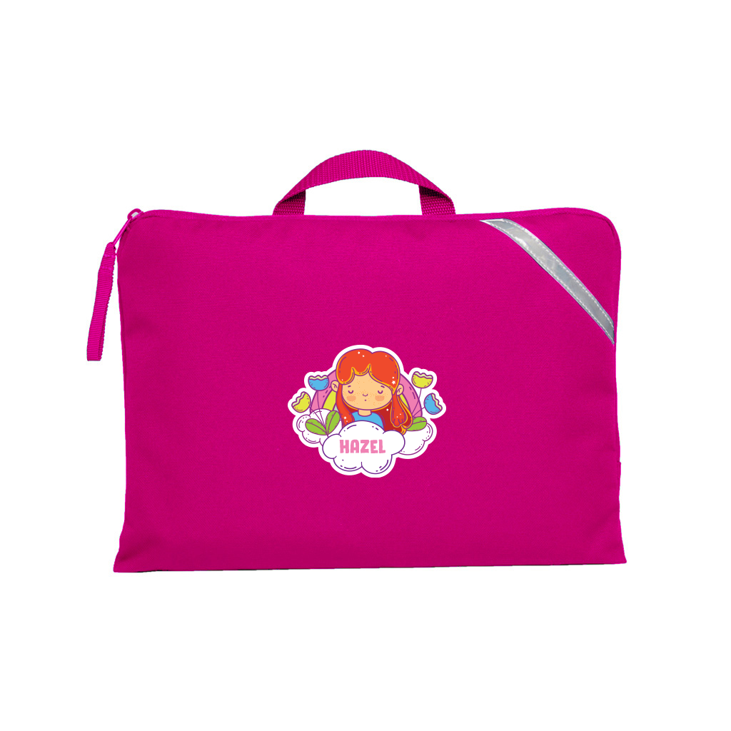 Quantum Book Bag in Hot Pink with handle, reflective strip and zipper pull, personalised with an illustration of a girl with red hair in a dream state surrounded by poppy flowers. design