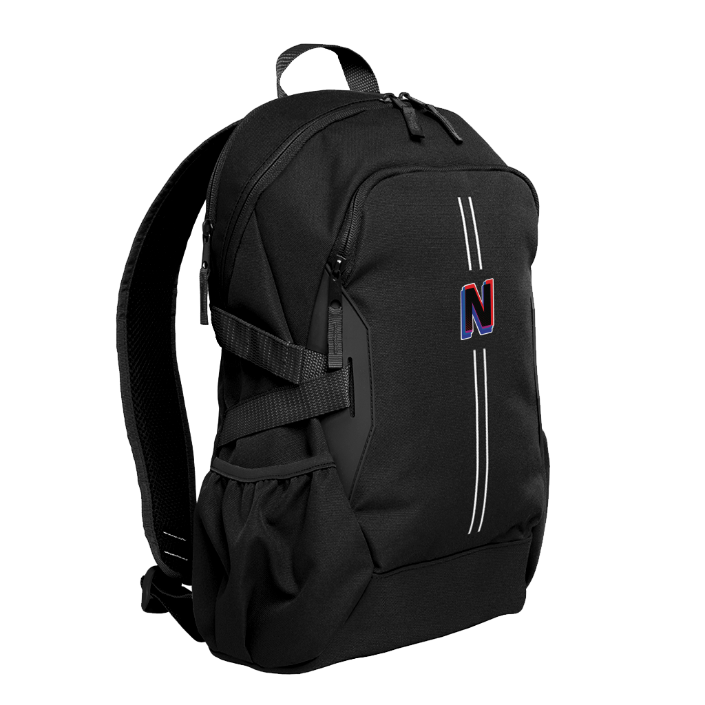 Front angle view of the Harlequin Quantum Large Daypack in black with letter personalisation. Showing two compartments with zip closure, light reflectors on the front pocket and adjustable straps and bottle holder on the sides of the bag.