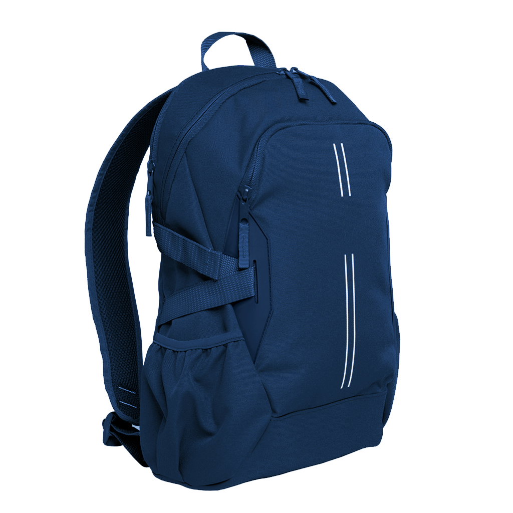 Front angle view of the Harlequin Quantum Large Daypack in Navy. Showing two compartments with zip closure, light reflectors on the front pocket and adjustable straps and bottle holder on the side of the bag.