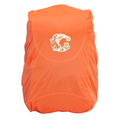 Harlequin Hi-Viz orange water repellent, fade resistant backpack cover fully covering a bag with personalisation on the front.