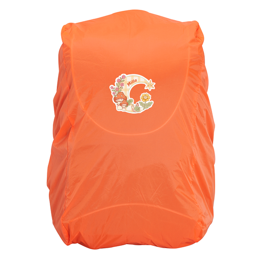 Harlequin Hi-Viz orange water repellent, fade resistant backpack cover fully covering a bag with personalisation on the front.