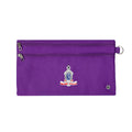 Harlequin purple pencil case front angle displaying two zip compartments and D-ring with Rangeville State School logo