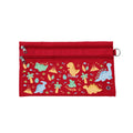 Harlequin Pencil Case in Red with Jurassic design from the Harlequin Creatix Signature Series. Front view displaying two zip compartments, ventilation eyelet and D-ring.