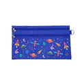 Harlequin Pencil Case in Royal Blue with Galaxy Girl design from the Harlequin Creatix Signature Series. Front view displaying two zip compartments, ventilation eyelet and D-ring.