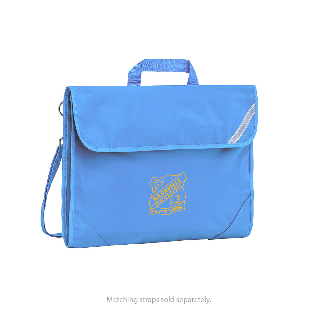 Harlequin Safety Library bag in sky blue displaying carry handle, velcro opening, shoulder strap, reflector safety strip, reinforced corners and Nashville State School logo