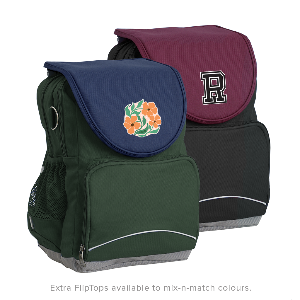 Mix and match graphic of the Harlequin Ergo Backpacks. The front bag is in bottle green with a navy flap and personalisation. The bag behind is in black with a maroon flap with personalisation.