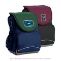 Two backpacks, one green and blue with a logo, the other maroon with a letter 'R', on a white background.
Mix and match graphic of the Harlequin Ergo Backpacks. The front bag is in bottle green with a navy flap and personalisation. The bag behind is in black with a maroon flap with personalisation.