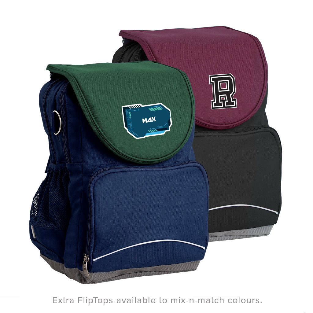 Two backpacks, one green and blue with a logo, the other maroon with a letter 'R', on a white background.
Mix and match graphic of the Harlequin Ergo Backpacks. The front bag is in bottle green with a navy flap and personalisation. The bag behind is in black with a maroon flap with personalisation.