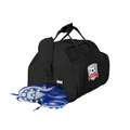 Black sports duffle bag with shoe tunnel open showing a blue pair of soccer boots