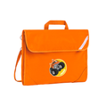 Orange safety library bag front angle view displaying carry handle, easy open velcro strap, reflector safety strip, reinforced corners, shoulder straps and personalisation on front pocket 