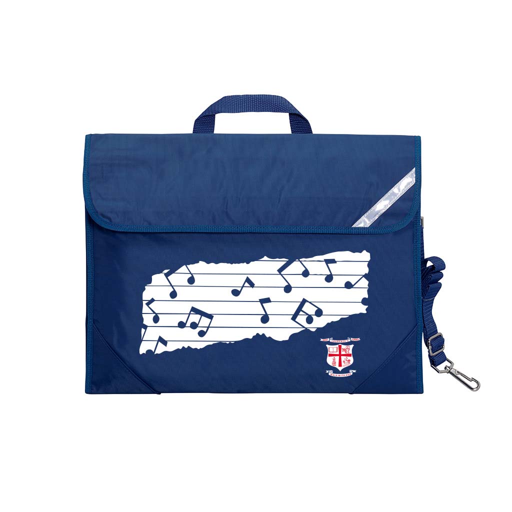 Harlequin Safety Library bag in navy displaying carry handle, velcro opening, shoulder strap, reflector safety strip, reinforced corners and St Laurence's Parish School Forbes logo
