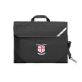 Harlequin Safety Library bag in black displaying carry handle, velcro opening, shoulder strap, reflector safety strip, reinforced corners and Hope Christian College logo