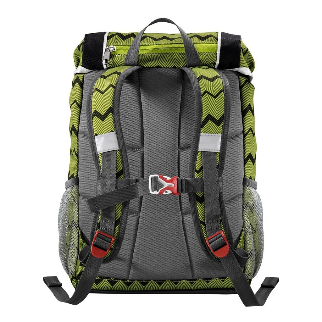 Backpack with green and gray pattern on a white background