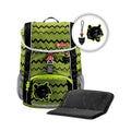 Green and black zigzag pattern backpack with panther design, including a matching lunch box and keychain.