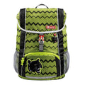 Green and black zigzag patterned backpack with panther emblem on a white background