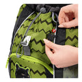 Green and black zigzag patterned backpack with a hand adjusting a strap.