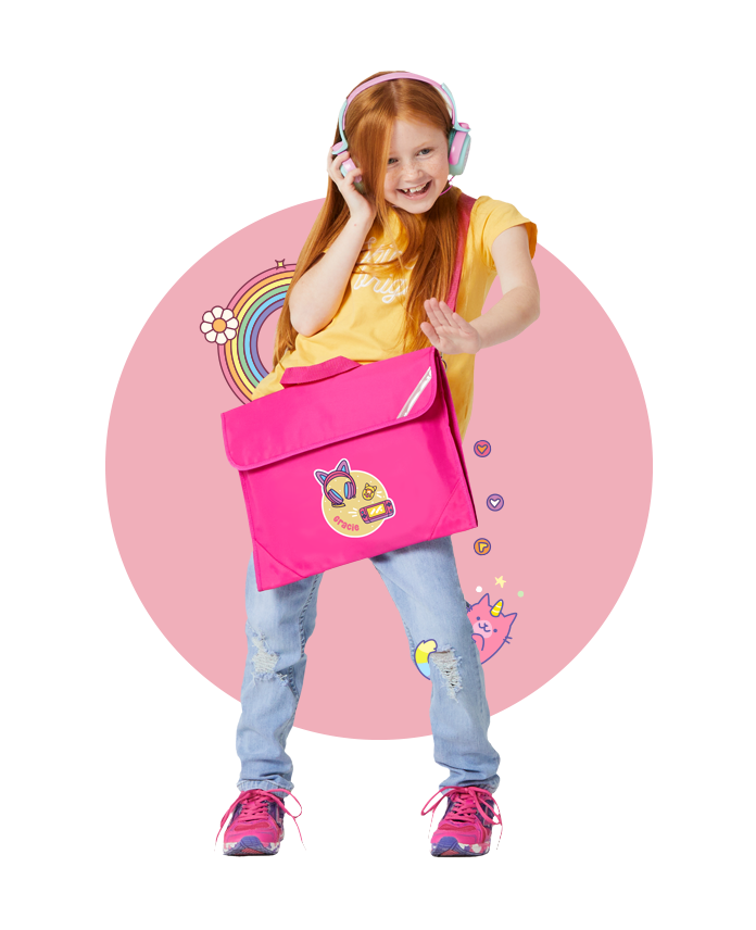 Girl holding personalized pink book bag for school
