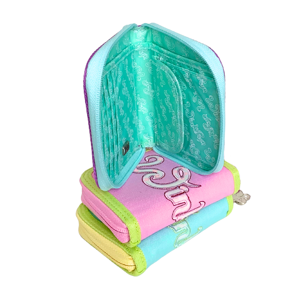 Winkipop Wallets stacked with wallet on top open showing the inside coin purse and card holder.