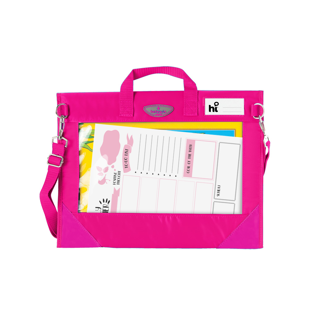 Pink document holder with a strap, containing papers and a pen, on a white background