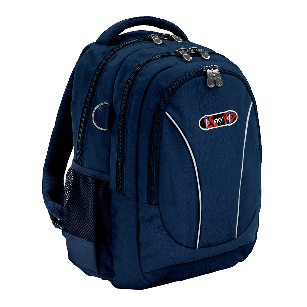 Harlequin Anatomic Tuff-Pack backpack front angle in navy has 3 compartments with zip closure, 2 drink bottle holders, D-ring and an integrated anatomical back panel.