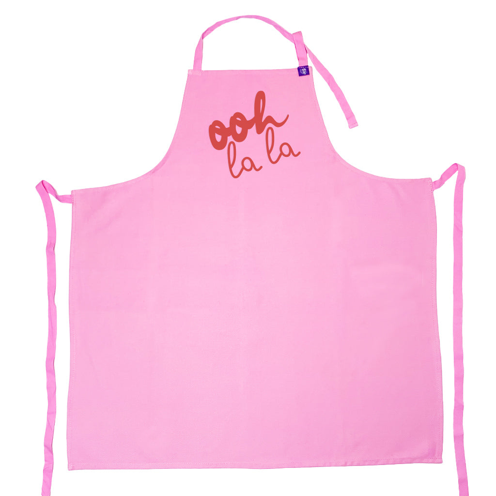 Pink cotton apron with Ooh La La Design, for cooking, bbq, crafting and creating art