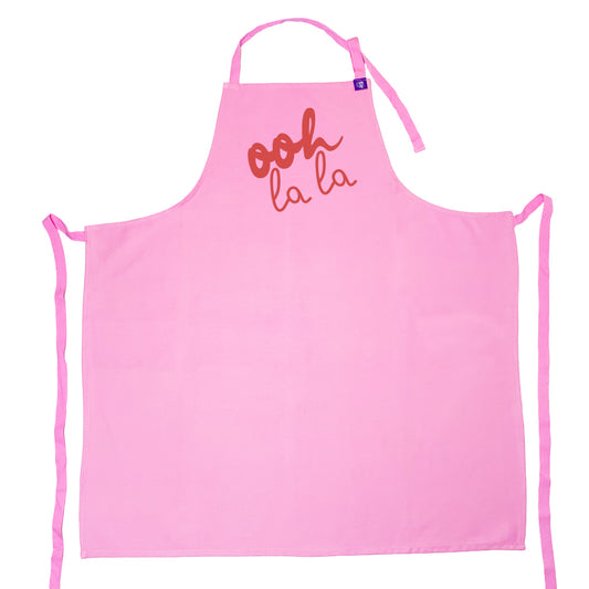 Pink cotton apron with Ooh La La Design, for cooking, bbq, crafting and creating art