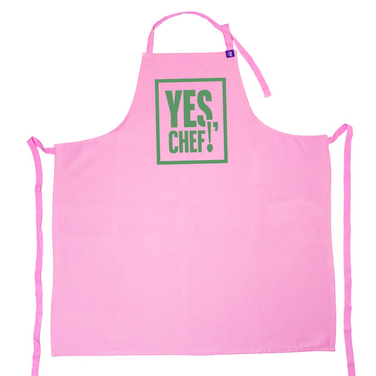 Pink cotton apron with Yes Chef Design, for cooking, bbq, crafting and creating art