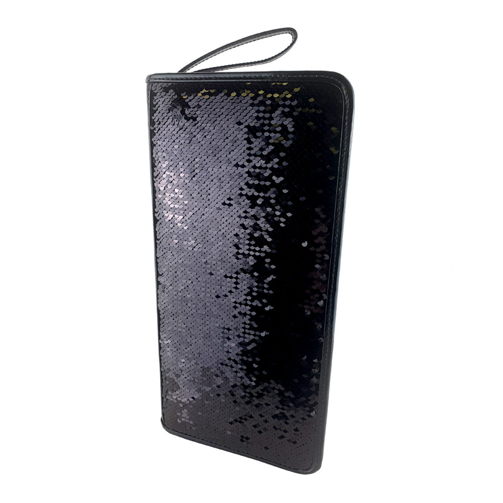 Better Tote black sequence needle bag front angle view displaying carry handle, with reversible black sequence covering the whole front of the bag 