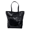 Better Tote black sequence bag front \view displaying long carry handle, with reversible black sequins covering the whole front of the bag 