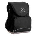 Biddeston State School Ergo Tuff-Pack backpack Black. Front side angle, padded shoulder straps, two zipper compartments, front zipper pocket, D-Ring and mesh water bottle.