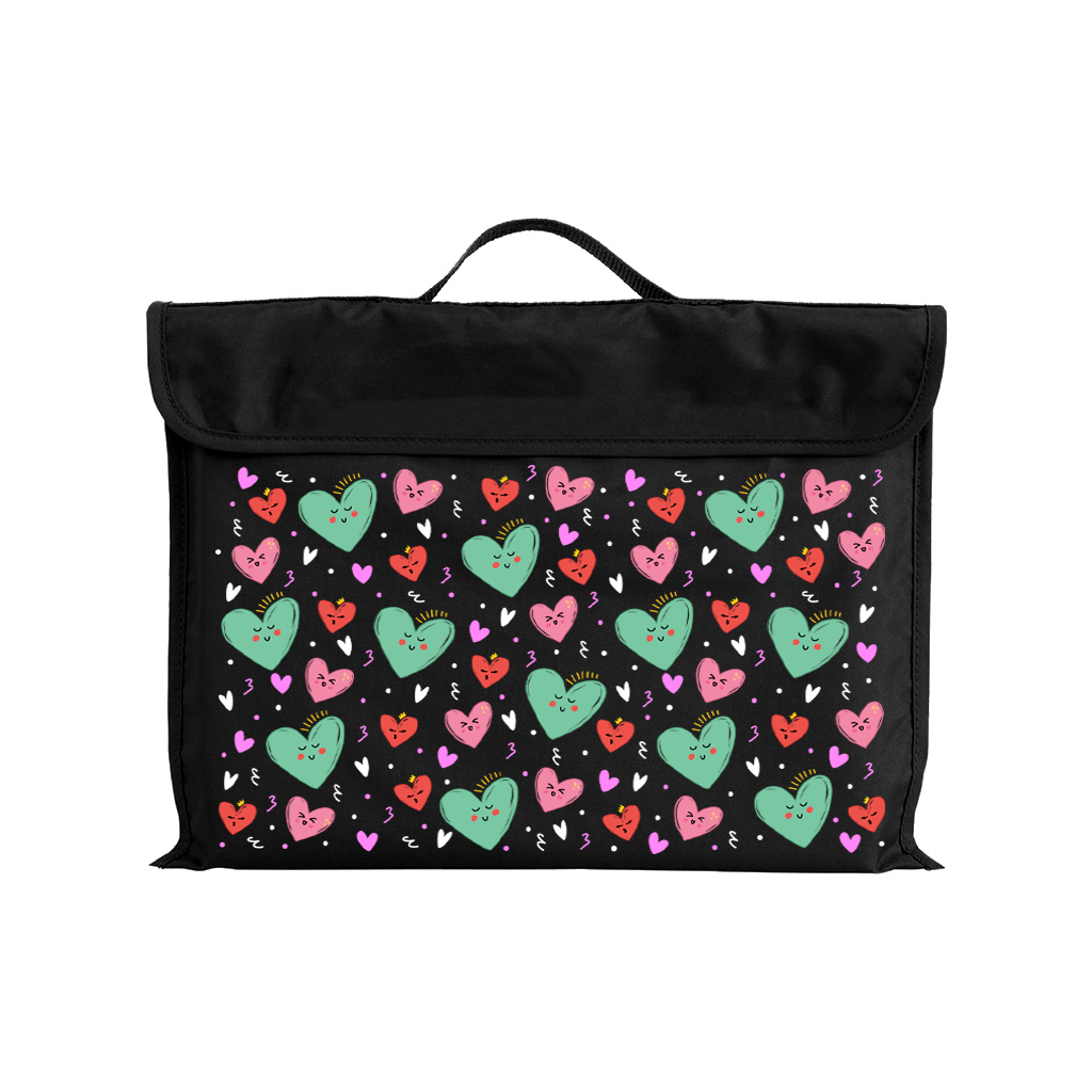 Harlequin Eco Library bag in Black with Sweet Hearts design from the Harlequin Creatix Signature Series. Front view displaying carry handle, velcro flap opening, and PET recycled water repellent fabric.