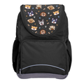 Harlequin Ergo Tuff-Pack backpack in Black with Puppy Pals design from the Harlequin Creatix signature series. Front view showcasing two zipper compartments, reflective piping, front zipper pocket and front of flap.