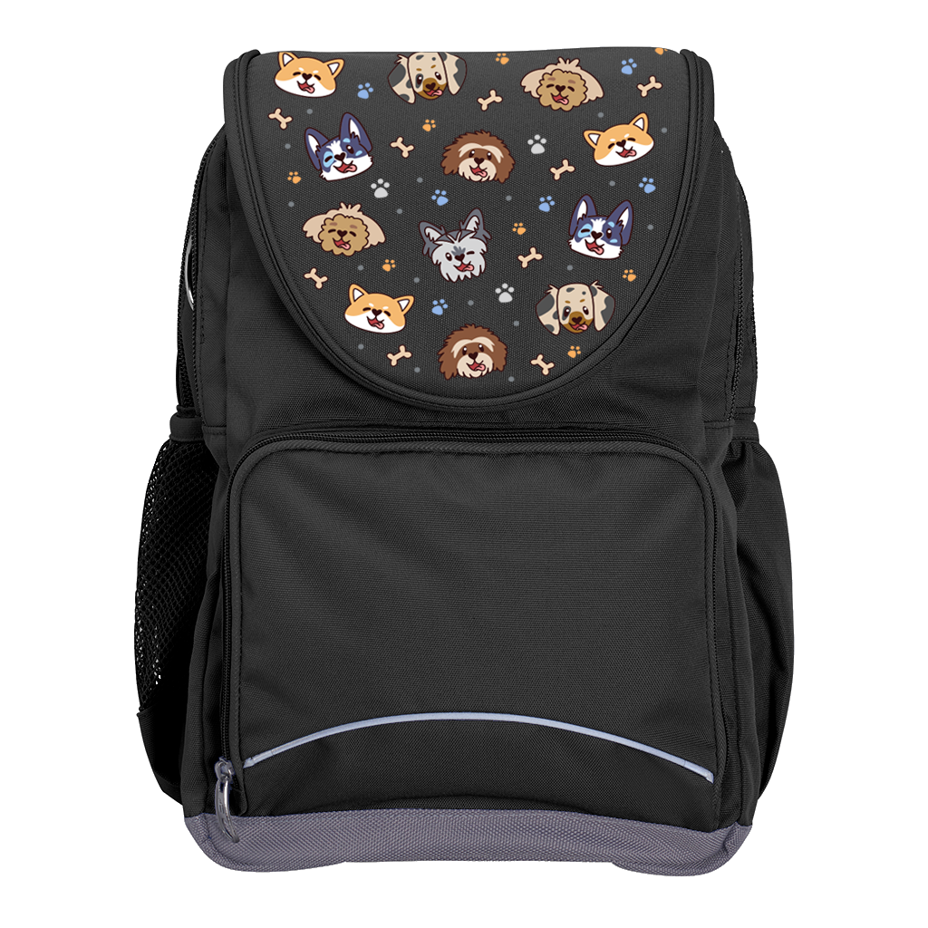 Harlequin Ergo Tuff-Pack backpack in Black with Puppy Pals design from the Harlequin Creatix signature series. Front view showcasing two zipper compartments, reflective piping, front zipper pocket and front of flap.