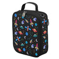 Harlequin Large Lunch bag in Black with Galaxy Boy design from the Harlequin Creatix Signature Series. Front angle view displaying top handle, quality zippers and D-Rings with additional shoulder strap.