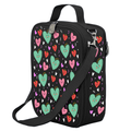Harlequin Large Lunch bag in Black with Sweet Hearts design from the Harlequin Creatix Signature Series. Front angle view displaying top handle, quality zippers and D-Rings with additional shoulder strap.