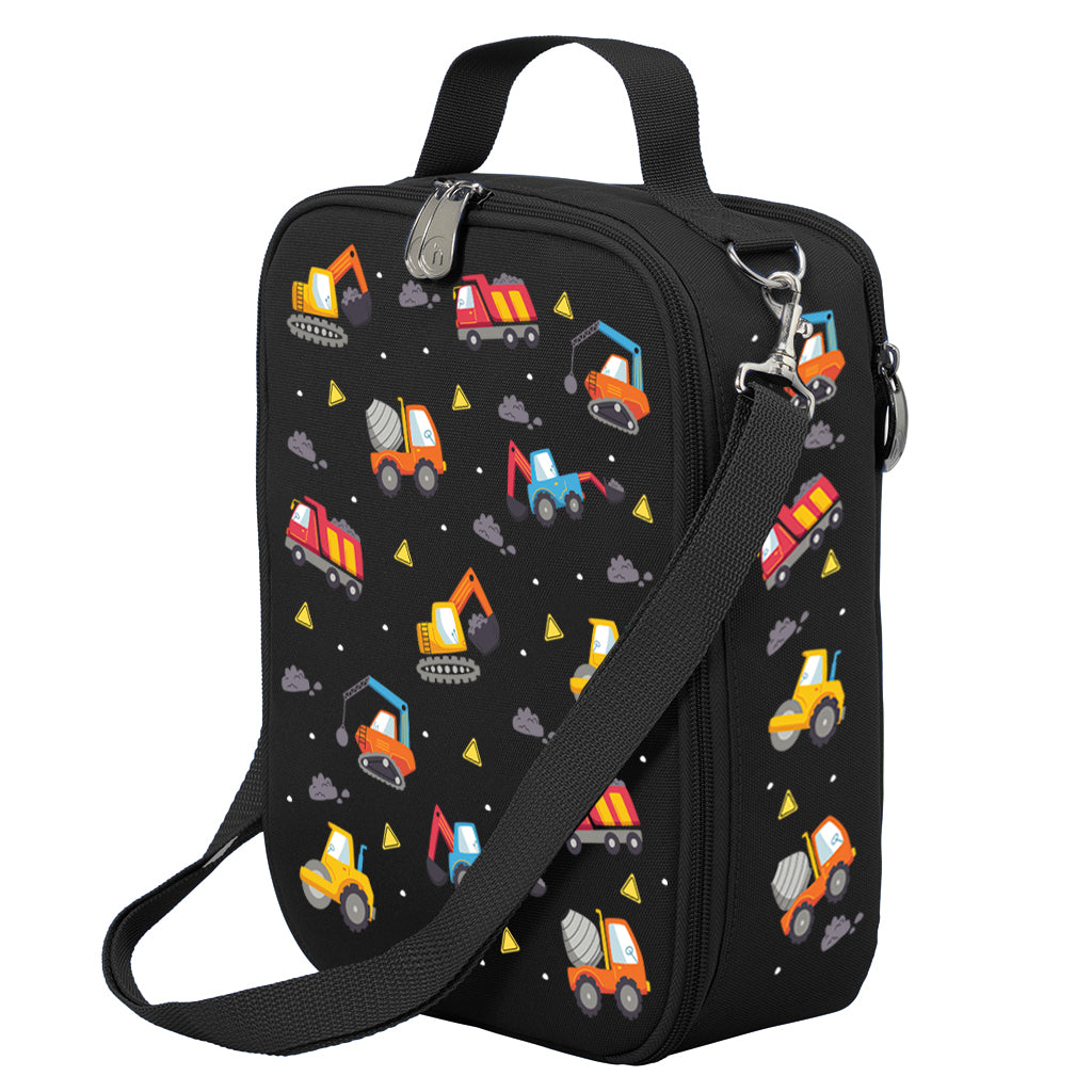 Harlequin Large Lunch bag in Black with Jumbo Trucks design from the Harlequin Creatix Signature Series. Front angle view displaying top handle, quality zippers and D-Rings with additional shoulder strap.