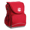 Boorowa Central School Ergo Tuff-Pack backpack Red. Front side angle, padded shoulder straps, two zipper compartments, front zipper pocket, D-Ring and mesh water bottle.