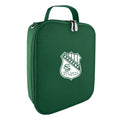 Harlequin lunch bag in green colour front side angle displaying carry handle, durable water repellent material with Boorowa Central School logo
