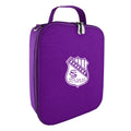 Harlequin lunch bag in purple colour front side angle displaying carry handle, durable water repellent material with Boorowa Central School logo