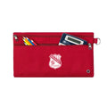 Harlequin red pencil case front angle displaying two zip compartments and D-ring with Boorowa Central School logo