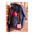 Cubeo children's organiser displaying how the handle ties onto the backpack, rubber cover and card images to organise your child's day