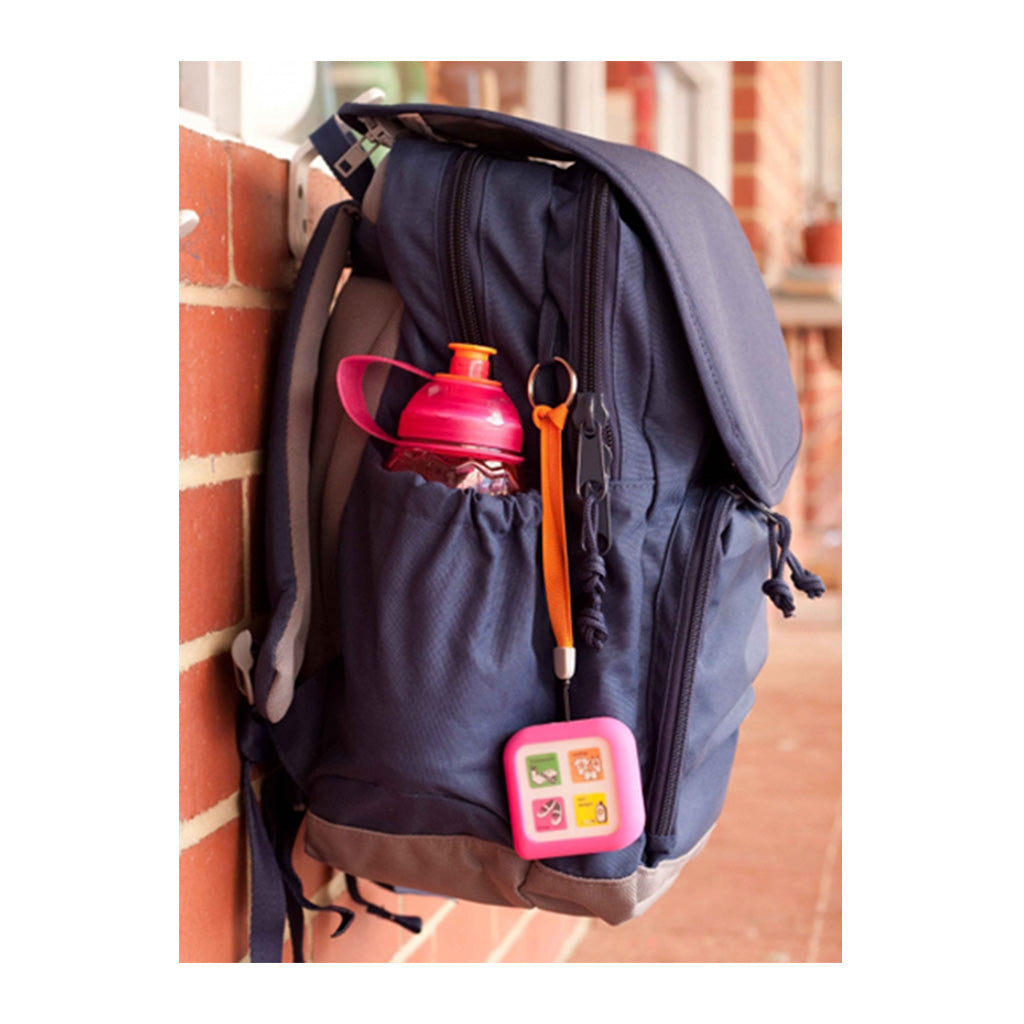 Cubeo children's organiser displaying how the handle ties onto the backpack, rubber cover and card images to organise your child's day