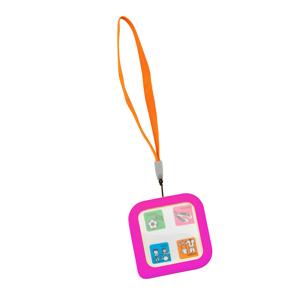 Cubeo children's organiser displaying a handle, pink rubber cover and card images to organise your child's day