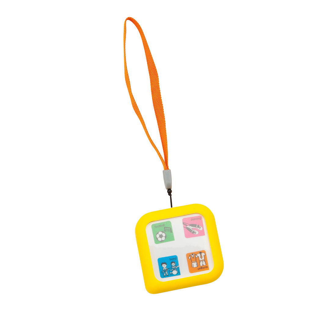 Cubeo children's organiser displaying a handle, yellow rubber cover and card images to organise your child's day