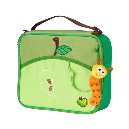 Green Step-By-Step Apple lunch bag front angle view displaying pocket, carry handle,  toy caterpillar 
