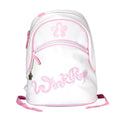 White and Pink Polkadot Winkipop surf backpack front angle view showing front pocket with a flower shaped zipper puller